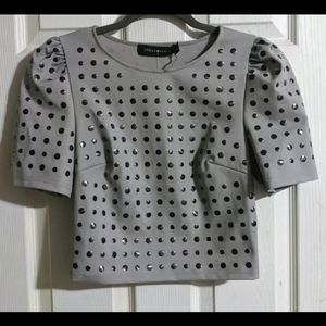 Stella & Jamie Gray Crop Top XS Silver Studded Puff Slv Festival Y2K